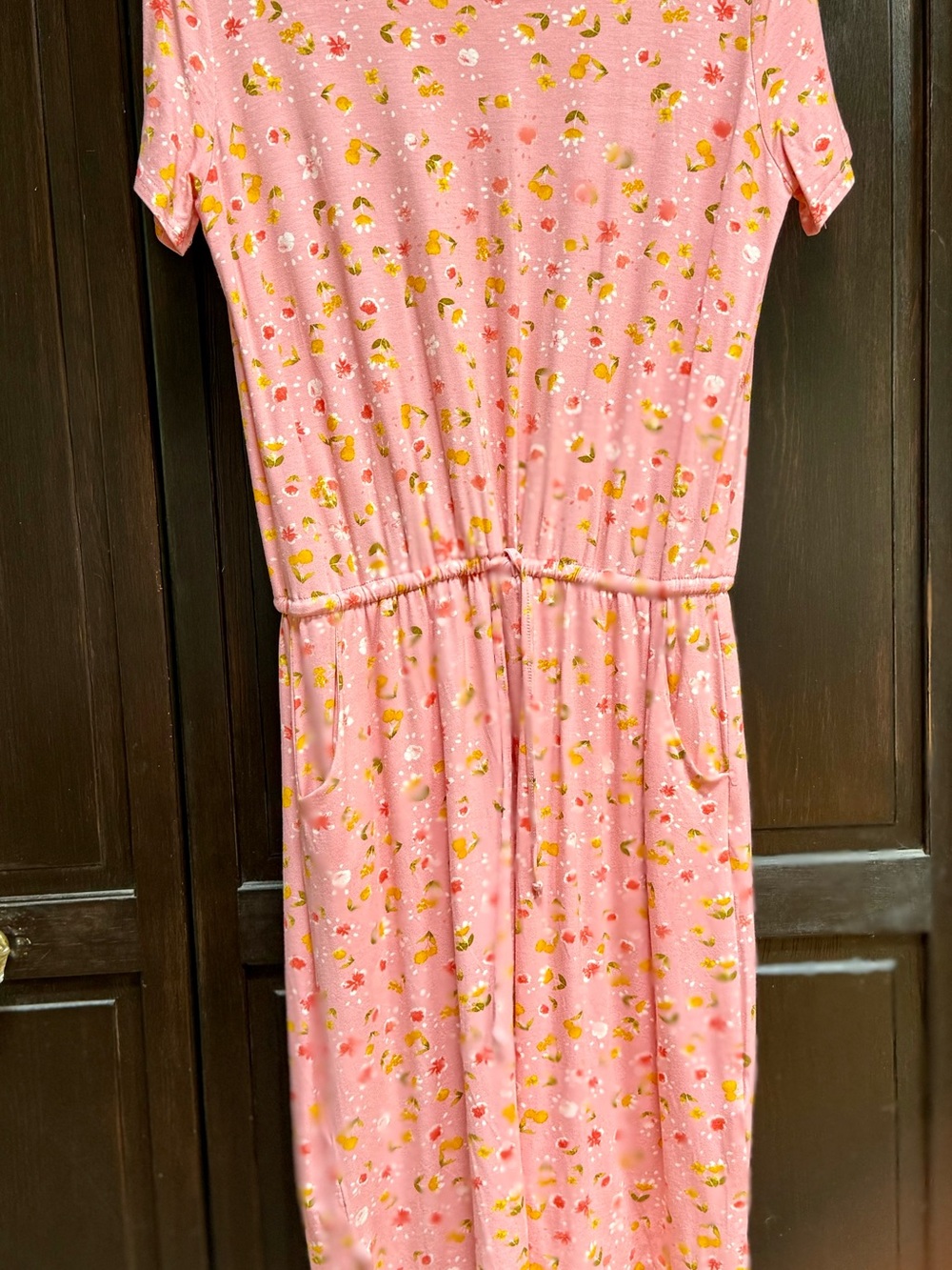 Pink Floral Midi Dress with Elastic Waist and tie